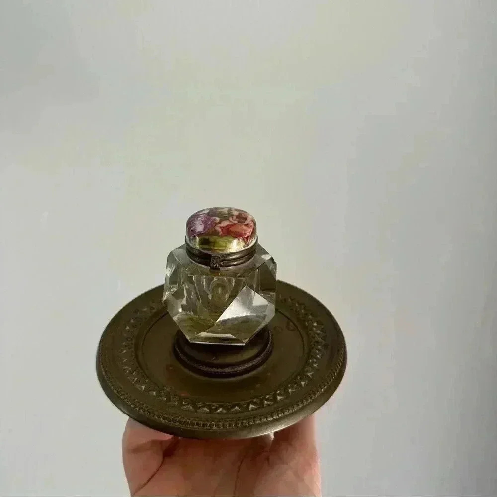 Rare Signed Antique Angelica Kauffman Inkwell Glass Jar on Brass Tray